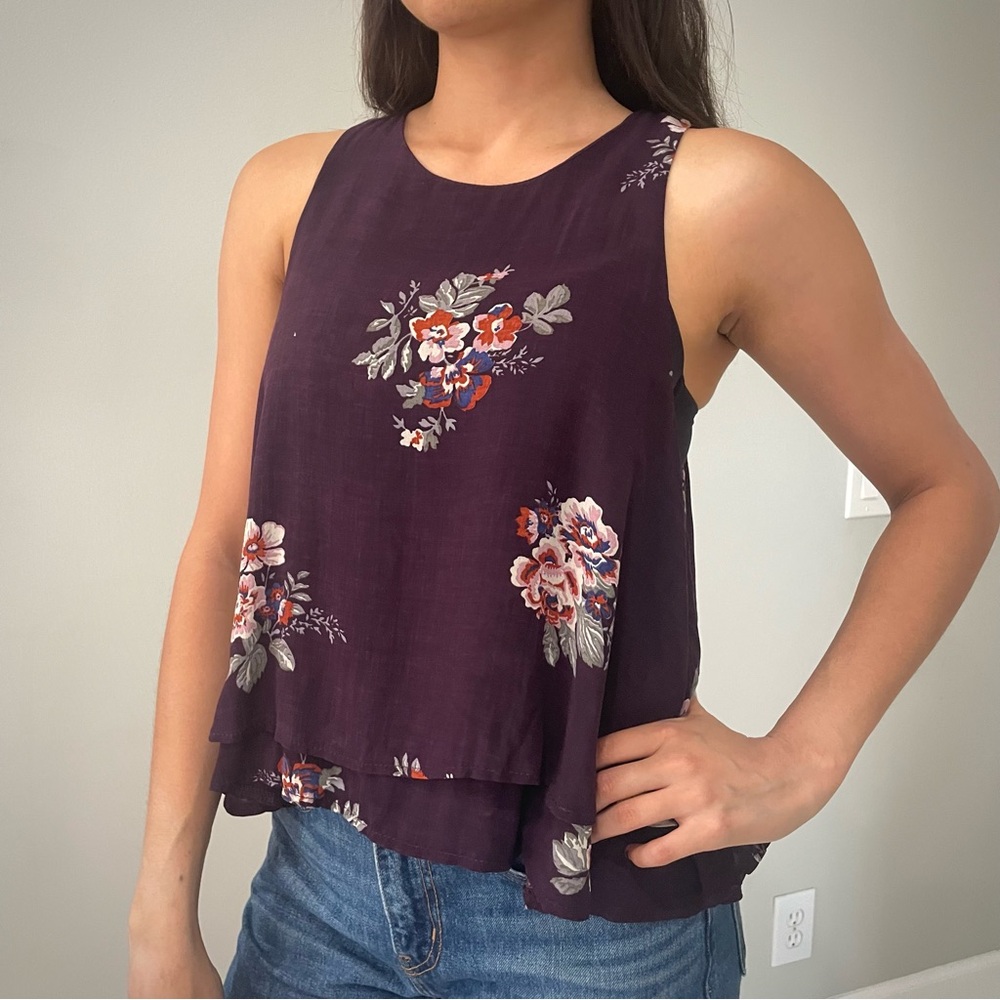 DON’T ASK WHY 100% Viscose Purple Crop Tank Top Floral Cute Boho Italy, OS